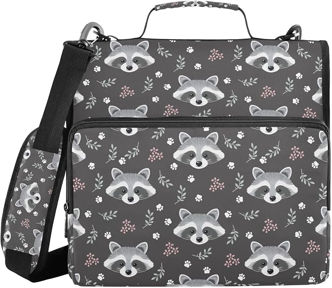 3 Ring Zipper Binder with Shoulder Strap Raccoon Grey 2 Inch Zippered Binder Bag 500 Sheet Capacity Multi Pockets for School Supplies