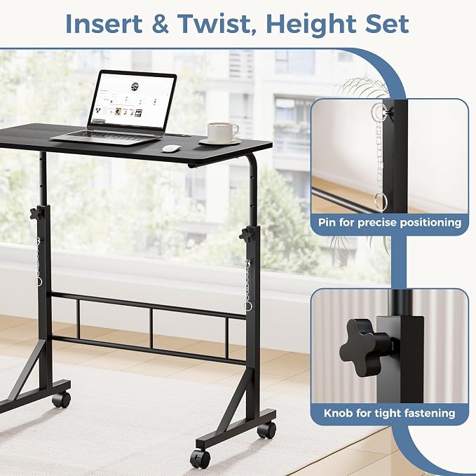 DUMOS 31.5" Walking Pad Desk, Laptop Desk, Home Office | Lockable Wheels, Adjustable Height, Portable Rolling Design, Treadmill Use, Stand Up Style, Black