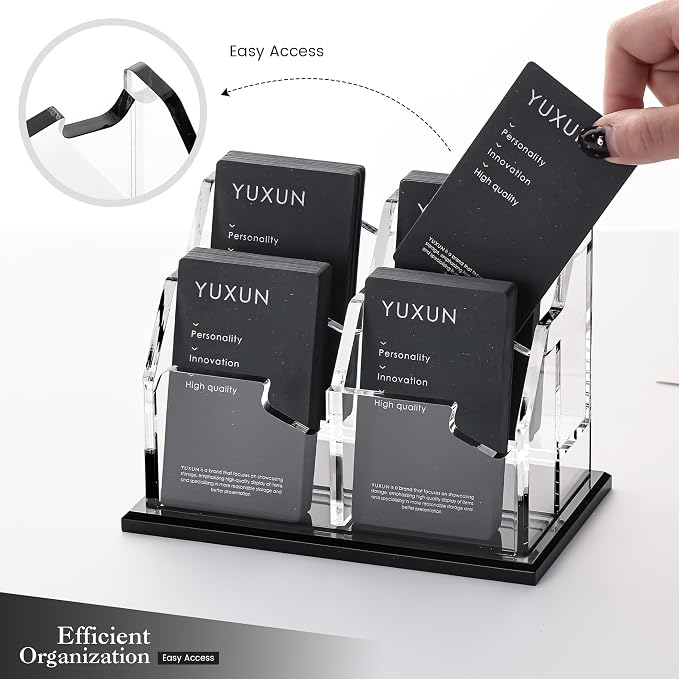 YUXUN Business Card Holder for Desk Vertical 2 Tier 4 Slot ,Black Acrylic Business Card Display Stand for Men & Women,Desktop Business Card Organizer for Office Home Exhibition, 200 Card Capacity