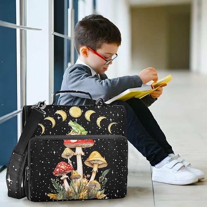 Mushroom Frog Binder Bag 3 Ring Zipper with Handle Shoulder Strap | for School Work Office Organizer Storage Case