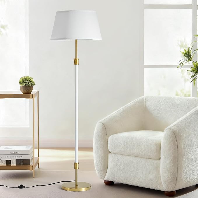 Modern Mid Century Floor Lamp with Soft Linen Shade, 63” Tall White & Brass Standing Lamp, Weighted Base, Warm Ambient Light for Living Room, Bedroom & Reading Corners (White & Gold)
