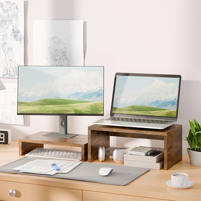 TEAMIX 2-Pack Monitor & Laptop Stand Riser, Wood High-Low Dual Monitor Set | Stacked/Separate Use, Adjustable Computer Stand for 2 Monitors, Holds 80Lbs, Rustic Desk Organizer for Home Office, Gaming