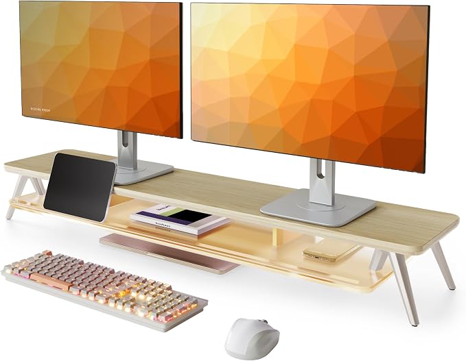 Fenge Dual Monitor Stand Riser with Phone & Tablet Slot, Oak | Thickened Frosted Acrylic Shelf, Aluminum Legs, 2-Tier Storage, 42.5-Inch Desk Shelf for Gaming, Home Office & Streaming