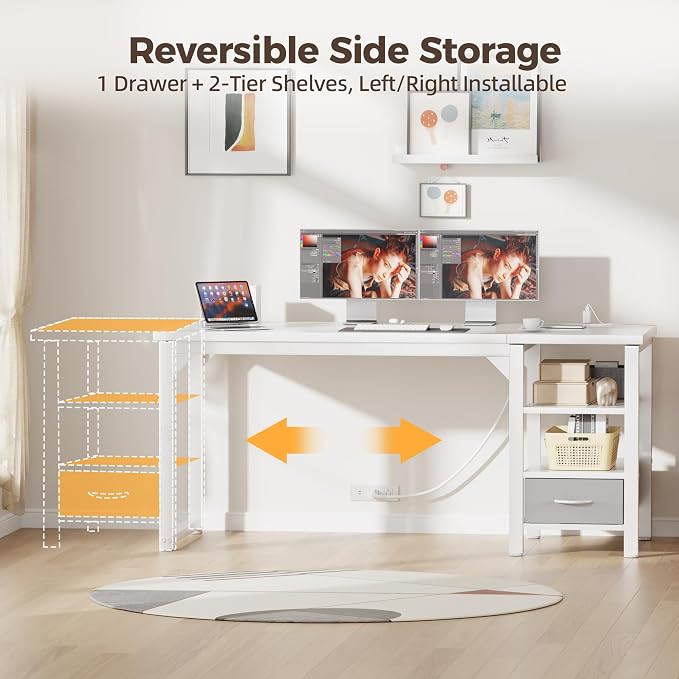 48" Computer Desk with Drawer, 1.2" Thick Reversible Office Desk | Modern Writing Table with Power Outlets & Storage Shelves, Heavy Duty Industrial Study Desk for Home Bedroom Work