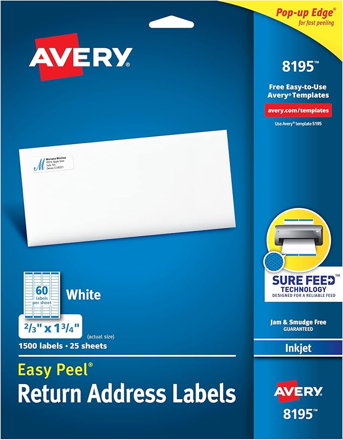 Avery Printable Return Address Labels, Sure Feed Technology, 2/3" x 1-3/4", White, 1,500 Blank Mailing Labels (08195)