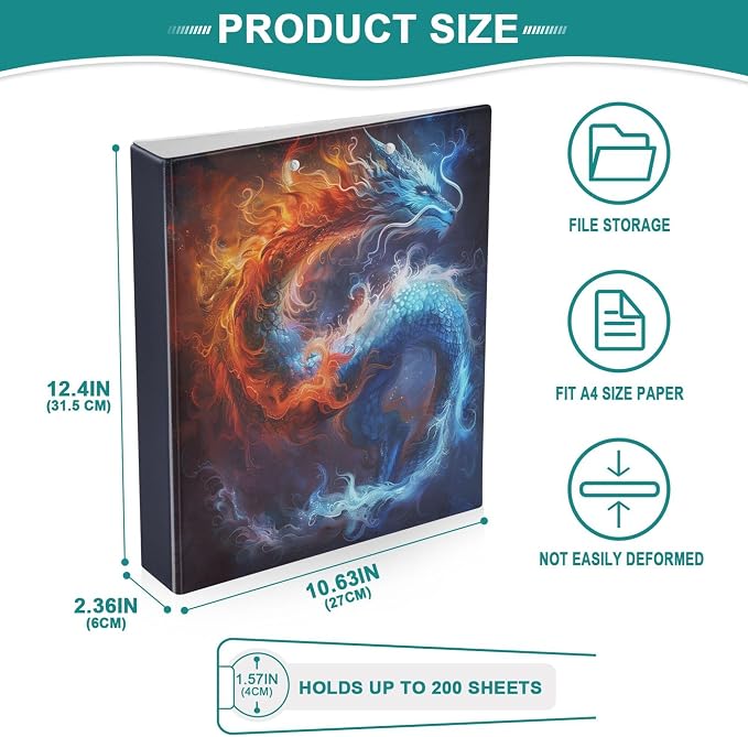 Dragon in Sky Round Ring Binders 1.5 Inch Fire Thunder Lightning 3 Ring Clipboard Binder for Office School Work Supplies File Folder Document 200 Sheet Capacity Easy Open 2 Pieces