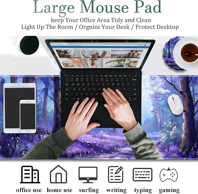 Extended Gaming Mouse Pad 31.5" x 11.8", with Edge Stitching, Non-Slip Rubber Base Keyboard Pad, Suitable for Work, Game, Office, Home and Coasters, Lavender Forest