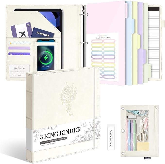 Ospelelf Leather 3 Ring Binder for Letter Size Documents with PVC Pocketed Dividers, Pencil Pouch & Notepad, 1 Inch Round Rings, Holds 175 Sheets, for Office School Home Organization, Flower White