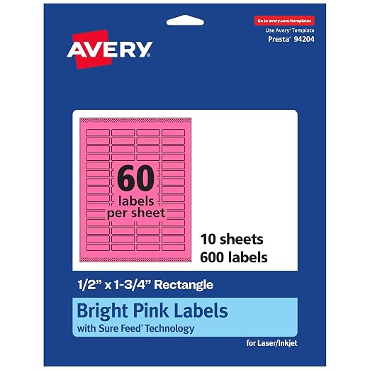 Avery® Printable Rectangle Labels, Sure Feed® Technology, 1/2" x 1-3/4", Bright Pink Labels, Print-to-The-Edge, Laser/Inkjet Printable, 600 Total, Great for Jars and More