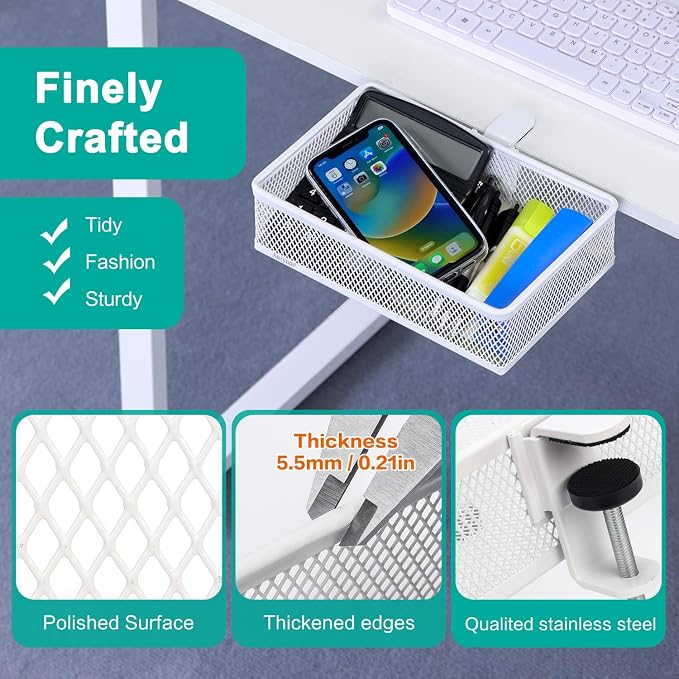 Under Desk Drawer, Clamp on Desk Organizer Under Table Hanging Desk Storage | 2 ways to clamp on: desk side or leg. Under desk organizer, clamp on desk drawer, basket hanging under table shelf, no-drill