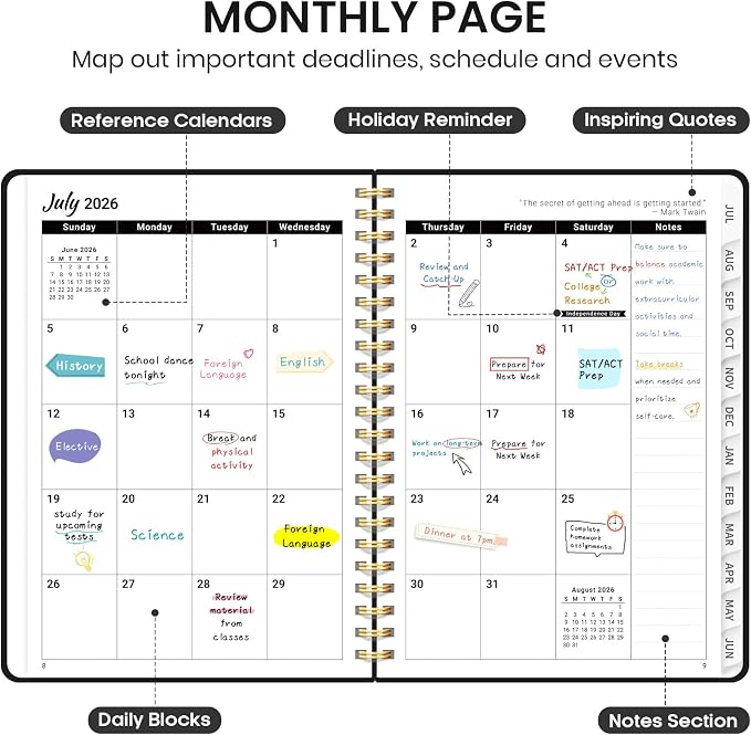 Taja Planner 2026-2027, Jul 2026-Jun 2027 Monthly & Weekly Calendar Book | 8.5" x 11", Hardcover Academic Calendar with Tabs, Teacher Student Agenda Book for School Office Supplies - Black