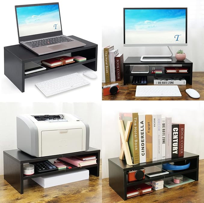 TEAMIX 20 inch Wood Monitor Riser Stand with Keyboard Storage，2 Tiers Black | Laptop/PC/Printer Stand, Wood Desk Bookshelf, Ergonomic Design, Holds 80 Lbs,Small TV Stand, Home Office Desk Accessories