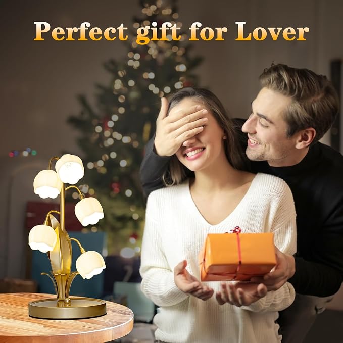 WERFOP Vintage Lily of the Valley Flower Table Lamp | 3 Color Adjustable LED Bedside Lamp, Cute Night Light for Bedroom, Living Room, Dorm Room, Office & Home Decor (Gold)
