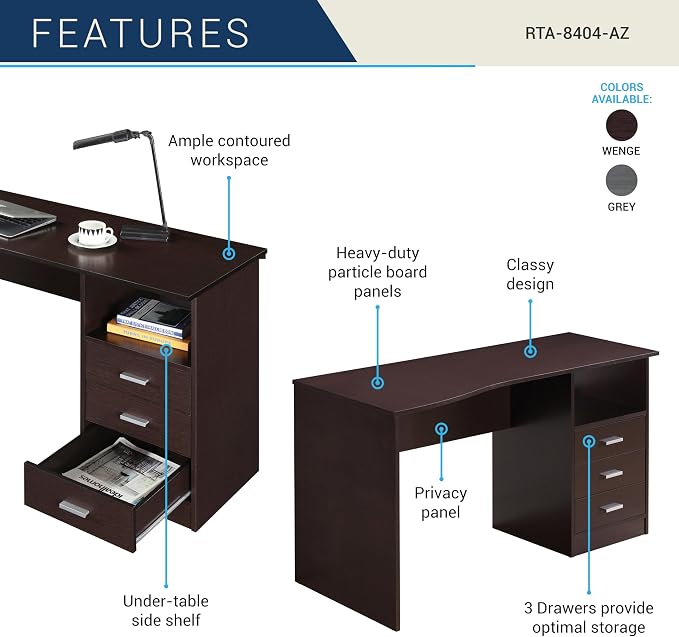 Techni Mobili 51 Inch Classic Computer Desk w/Drawers & Storage, Wenge | 51 Inch classic desk with 3 drawers, spacious storage, sturdy frame, and functional home office workstation for modern setups