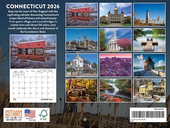 Connecticut Calendar 2026 Wall 12 Month Monthly CT Scenic Souvenirs Themed Gifts | American Made In The USA