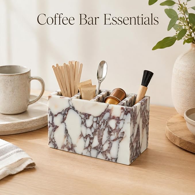 3-Compartment Natural Marble Desk Organizer, 5.91 in | 3-Compartment Natural Marble Organizer for Pens, Brushes and Small Items