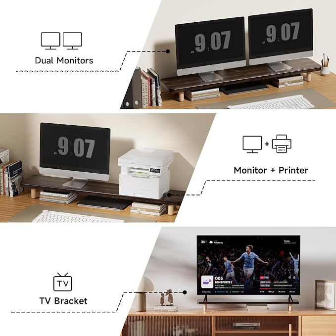 Dual Monitor Stand Riser, 39 Inch Extra Long Wooden Desktop Monitor Riser with Storage for 2 Monitors Ultra Strong Desk Shelf Organizer Riser Ergonomic for 2 Screens/Laptop/PC/TV/Printer (Walut brown, 39inches)