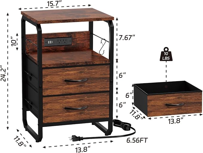 runjuly Small End Table with LED Light, Charging Station, and Hooks, Brown | 2 Fabric Drawers Storage, Type C & USB Ports & Power Outlets, Industrial Wood, Metal Nightstand for Living Room / Bedroom