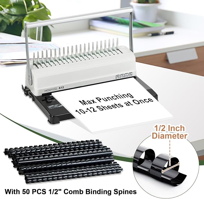 HOUYEE Comb Binding Machine,19 Holes, with 50 PCS 1/2" Binding Combs Spines | Comb Binder Machine for Letter Size/A5, Easy Punch No Jam, Heavy-Duty Metal Build, Adjustable Margin, MAX Binding 450 Sheets