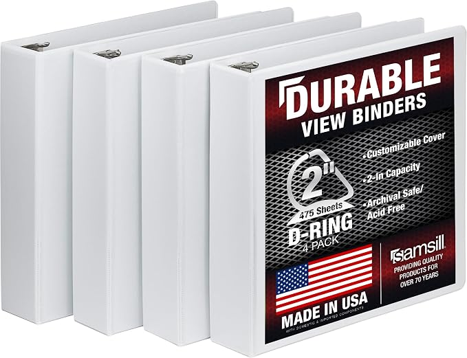 Samsill Durable 2 inch 3 Ring Binder, D Ring Binder, 100% Recycled Chipboard, White, 4 Pack