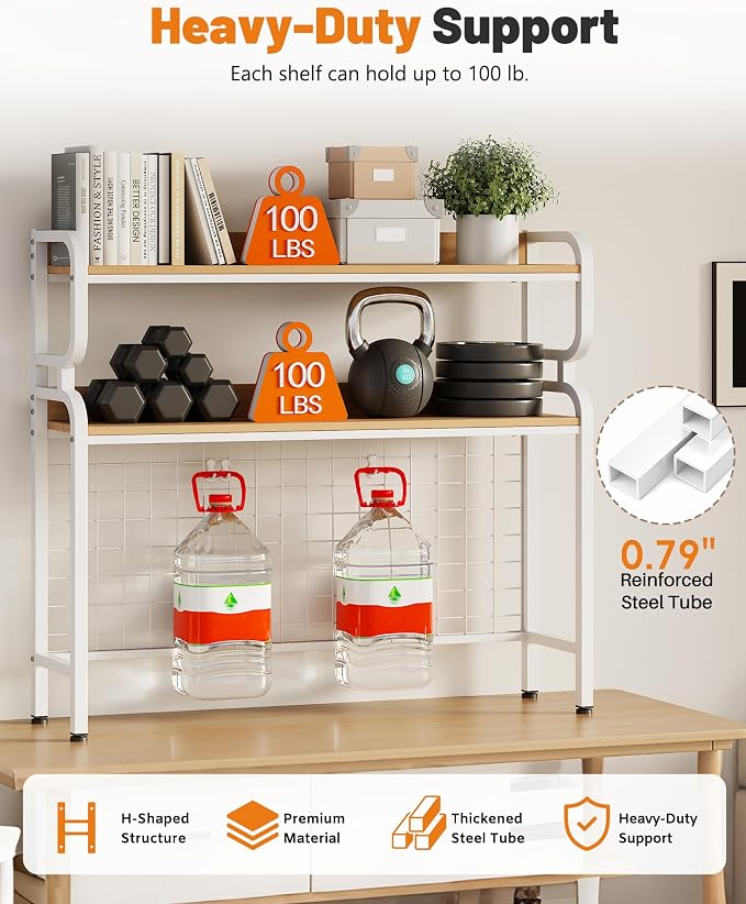 BYMECOST 38.6" Desktop Hutch Bookshelf,2-Tier Desk Shelf with Pegboard | Heavy-Duty Desktop Bookcase With Grid Panel and Hook, Desk Hutch for Computer in Offices or Dorms