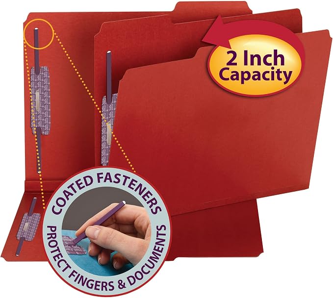 Smead Pressboard Fastener File Folder with SafeSHIELD Fasteners, 2 Fasteners, 1/3-Cut Tab, 2" Expansion, Letter Size, Bright Red, 25 per Box (14936)