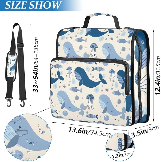 3 Ring Zipper Binder with Shoulder Strap Whales Jellyfish Blue Ocean 2 Inch Zippered Binder Bag 500 Sheet Capacity Multi Pockets for School Supplies