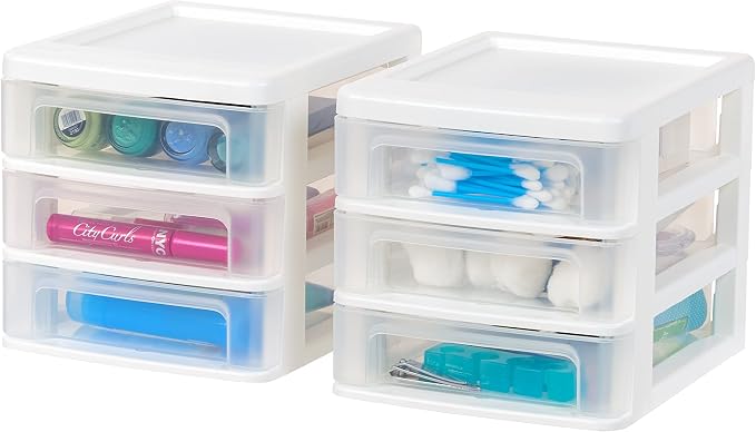 IRIS USA 2-Pack, 3-Drawer Small Plastic Stacking Desktop Organizer, White | Organize office supplies, stationery, makeup, craft materials and everyday essentials for neat desktop storage