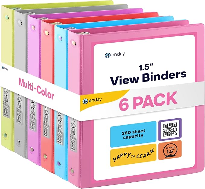 Enday 1.5 Inch Binder (6 Pack - Assorted Colors) 3 Ring Binder 1.5 inch with Clear View Cover and 2 Inside Pocket - for Letter Size 8.5 x 11'' Paper, Ideal for School Supplies, Office, and Home