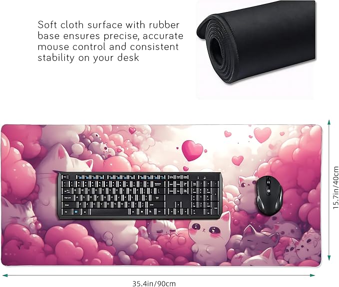 Cute Anime White Cat Gaming Mouse Pad, Pink Dreamy Desk Mat with Anti-Slip Base & Stitched Edges, Computer Keyboard & Laptop Pad, 35.4" x 15.7" in in Workstation Accessories