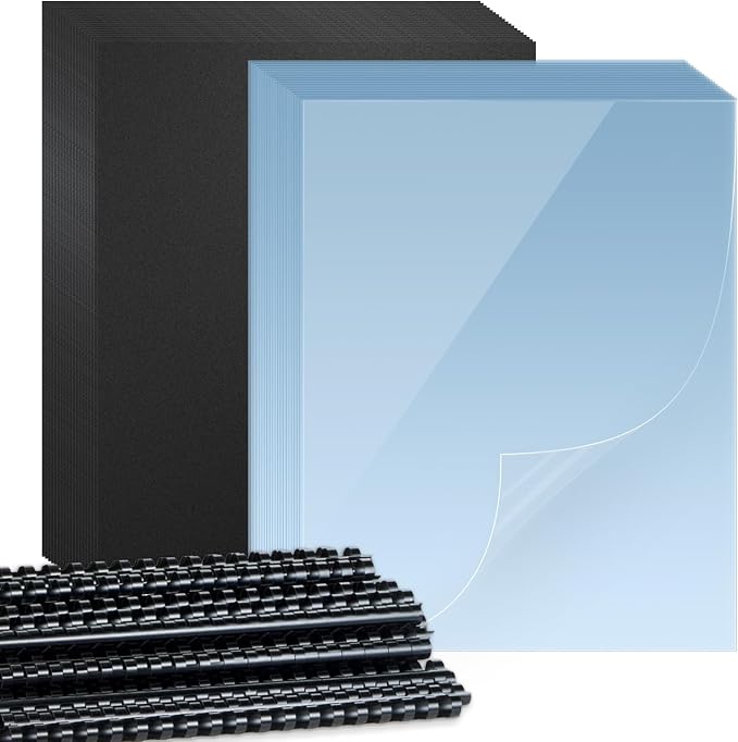 HOUYEE 180 Pack Comb Binding Covers and Backs Set, 8.5x11 Inch, Letter Size | 60 Pcs 3/8 Inch Black Binding Combs, 60 Pcs 10 Mil Clear Binding Covers, 60 Pcs 12Mil Black Plastic Sand Texture Polycovers