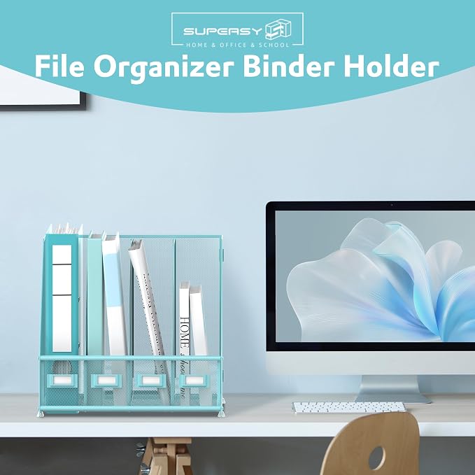 4-Compartment Magazine File Holder and File Organizer for Desk, Blue | Metal Magazine Holder and Magazine File Holder, 4-Compartment File Organizer for Binders Folders Magazines and Paper