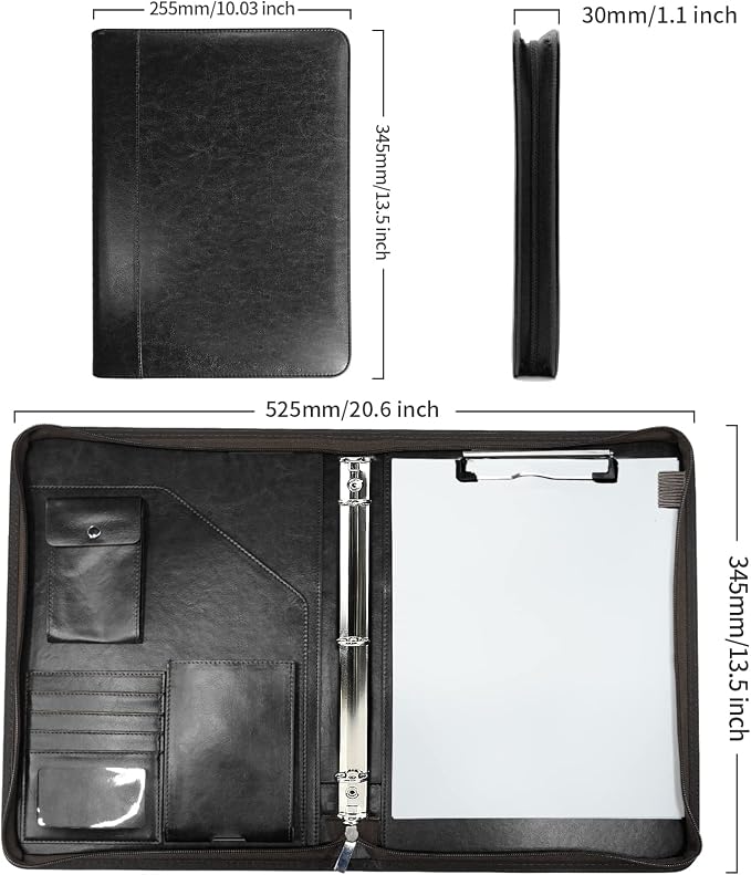 WRIYES Zippered Portfolio Organizer with 3 Ring Binder, Black | Leather Padfolio, Professional Business Binder, Organizer for iPad/Document, Phone & Business Cards