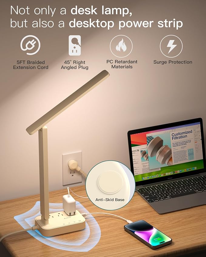 Addtam LED Desk Lamp, Power Strip with 3 Outlets 4 USB Charging Ports(2 USBC), 4 Modes 5 Level Brightness Touch Lamp, Small Desk Lamp for Home Office College Dorm Room Essentials, Cream