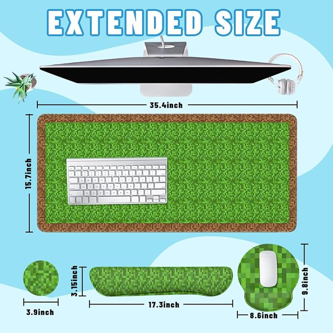 Pixel Game Mouse Pad Set Gamer Pixel Grass Gaming Mousepad 4in1 Desk Mat for Desktop Wrist Support Cup Coaster Set Ergonomic Computer Desk Arm Wrist for Decor Home Office