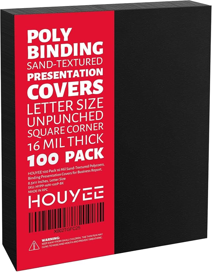 HOUYEE 100 Pack 16mil Binding Presentation Covers, Sand Texture, Black | Plastic Back Binding Polycovers, 8.5x11 Inch Letter Size, Square Corners,Un-Punched, Office & School Supplies