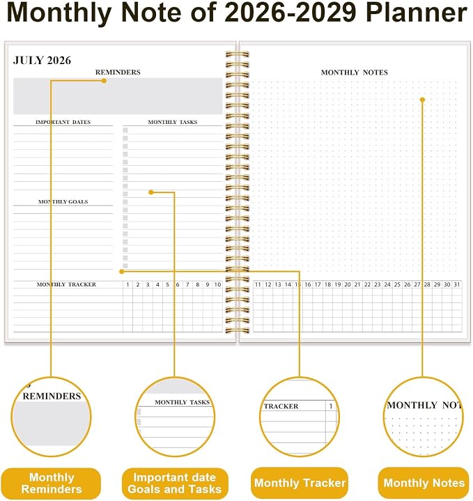 2026-2029 Monthly Planner - 36 Month PLanner Calendar from July 2026 to June 2029, 3 Year Planner 2026-2029 with Flexible Cover, Inner Pocket, Perfect for Home | School | Office, 8.5" x 11", White Gold Flower
