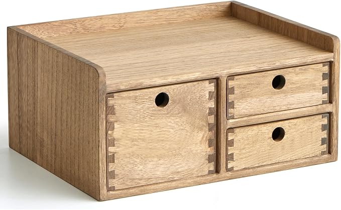 KIRIGEN Wooden Desk Organizer with 3 Drawers and Top Tray, Brown DT1D3C-DBR | 3-Drawer Cabinet with Top Tray Stores Office Supplies, Toiletries, Tools, Crafts, and Small Accessories on Desks or Counters