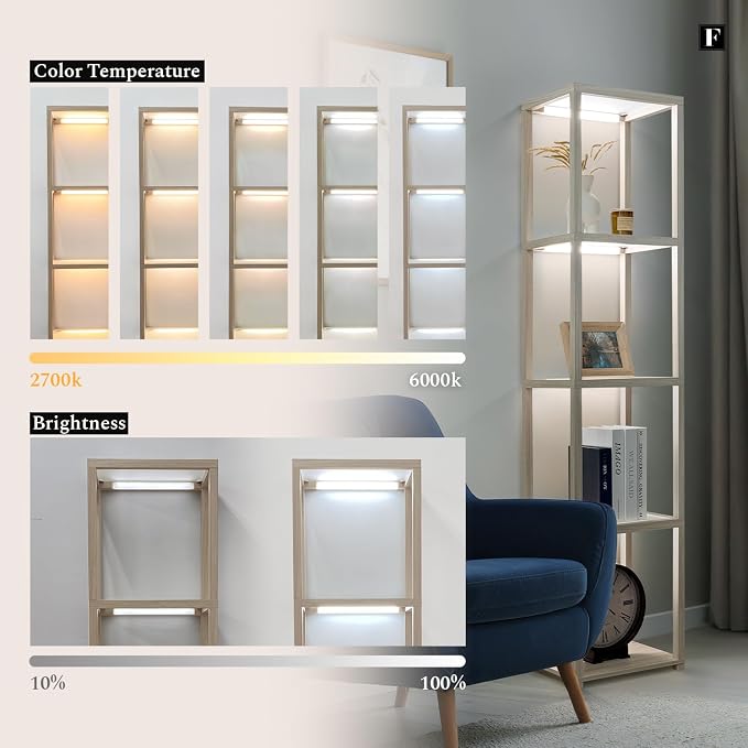 FENLO LED Display Shelf Unit – Dimmable Lighted Furniture for Bedroom, Living Room, or Office – Glass Curio Cabinet Shelf Lamp with App + Remote Control + Adjustable Lighting