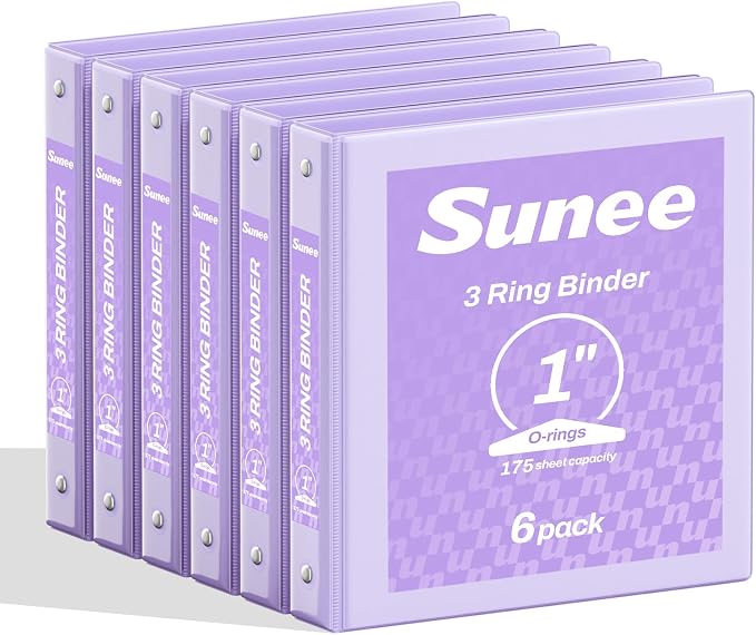 SUNEE 1 Inch Binders 3 Ring 6 Pack, Clear View Three Ring Binder PVC-Free (Fit 8.5x11 Inches) for School or Office Supplies, Purple