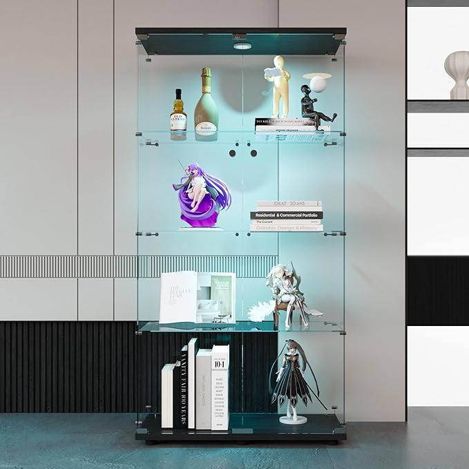 FLYMUHJIA 4-Shelf Tempered Glass Display Cabinet with LED & Lockable Double Doors, Black Curio Cabinet for Collectibles, Easy to Install