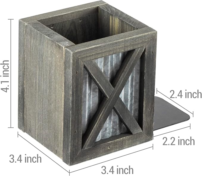 MyGift Gray Wood Bookends with Pen Holder, Galvanized Metal Accent | Integrated storage compartments organize writing utensils and office supplies while supporting books on desks, shelves