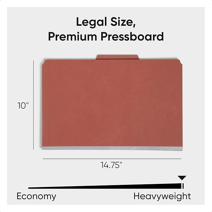 Smead Pressboard Legal Size File Folders with SafeSHIELD Fasteners, 2 Dividers, 2" Expansion, Office Folders, Paper Holder, Red, 10 per Box (19075)