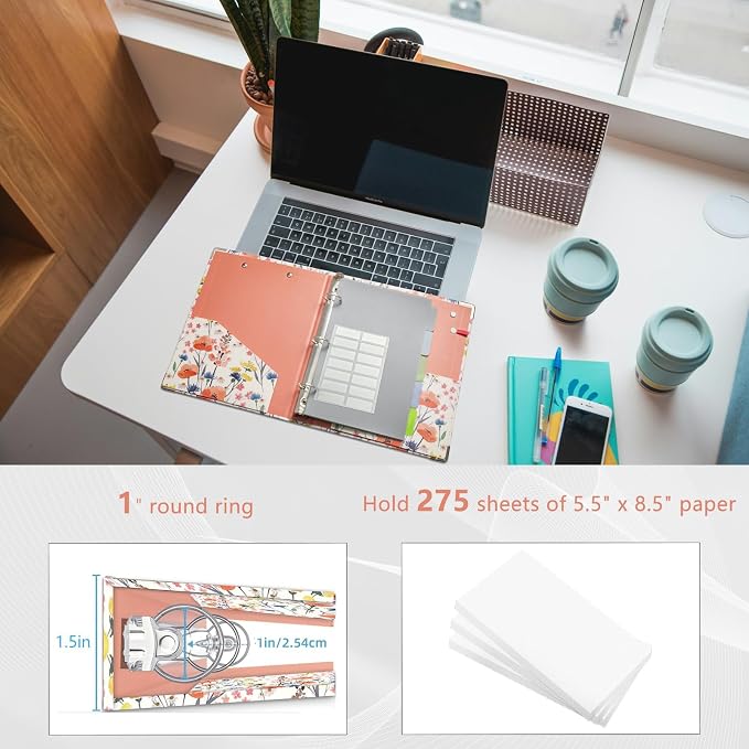 Mini Binder Organizer，1 Inch 3 Ring Binder with Clipboard, 5-Tabs Pockets Dividers, Plastic Folder, 18 Divider Stikers, Pen Loop (Flora, 5.5" x 8.5")