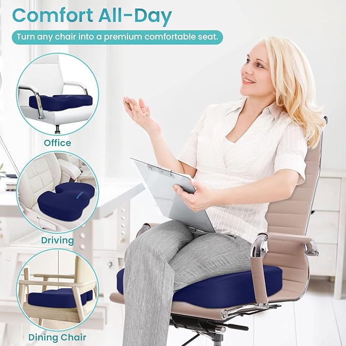 Office Chair Seat Cushion, Cooling Gel Enhanced Memory Foam Cushion for Long Sitting - Back, Sciatica, Coccyx, Tailbone Pain Relief Pillow - for Office, Gaming, Car, Wheelchair - Blue, X-Large