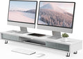 Fenge Dual Monitor Stand with Storage, Desk Shelf with Glass Sliding Door | Ergonomic Height Adjustment, 42.5in Monitor Shelf, 2-Tier Monitor Riser, Desk Organizer for Screen, PC, Laptop, White