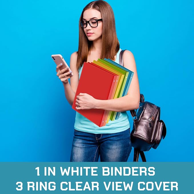 Fulmoon 6 Pack 1 Inch Plastic 3 Ring Binders with Pockets, Rainbow Colors | Flexible Covers with Round Rings and Front Pockets for Organizing Papers at School, Office, Meetings and Presentations