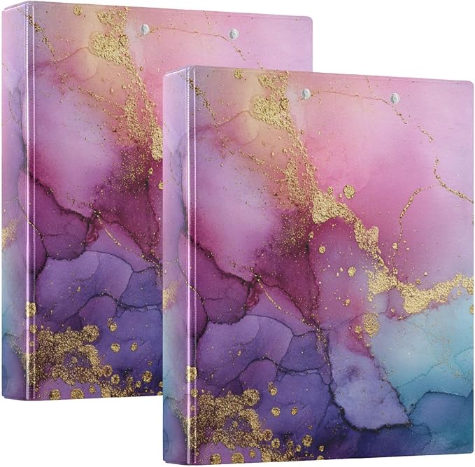 Purple Pink Blue and Gold Marble Binder 3 Ring 1.5 Inch Binder with Clipboard&Pockets, Hardcover Binders Heavy Duty Large File Folder for Office School Supplies - Holds 200 Sheets, 2 PC