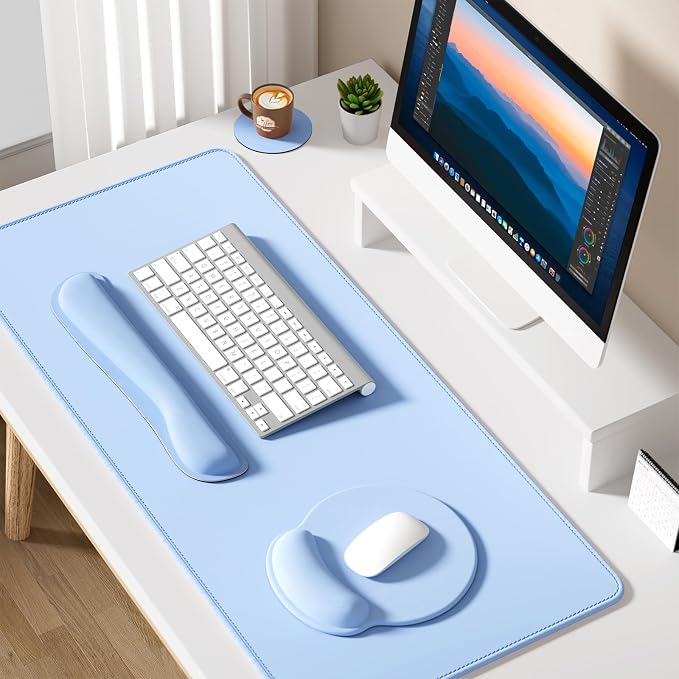 Dapesuom Large Gaming Mouse Pad, Mouse Pads with Wrist Rest Wrist Support, 4in1 Big XXL Desk Mat Desk Pad + Ergonomic MousePad + Memory Foam Keyboard Mat Wrist Rest + Coaster Set for Computer,Sky Blue