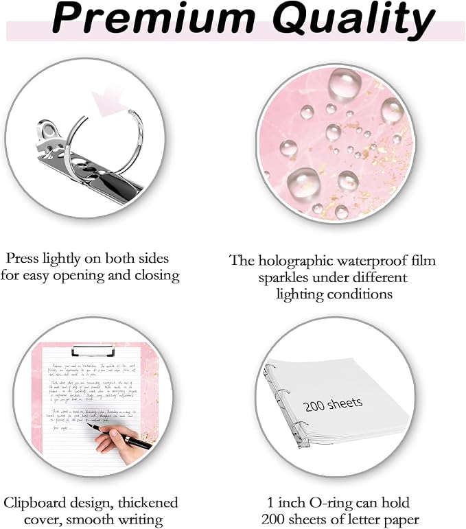 3 Ring Binder 1 inch with Clipboard - Pink & Gold Marble Design, Includes Dividers, File Bag & Spine Label - Stylish and Durable for Everyday Use, Holographic Waterproof Film